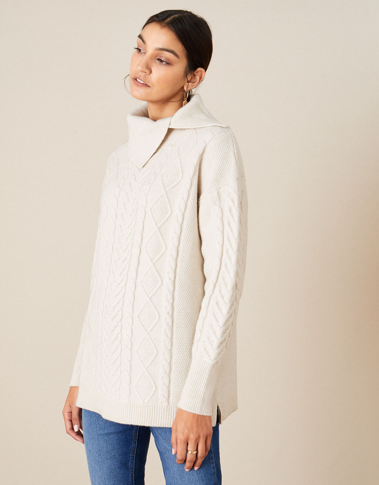Statement Split Neck Cable Knit Jumper Cream