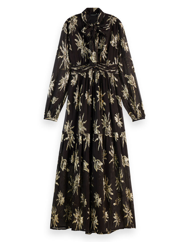 Scotch and Soda Metallic Tie Neck Maxi Dress, Black (BLACK), large