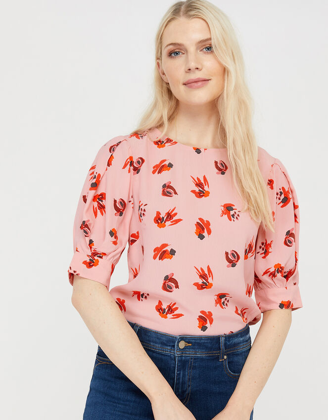 Betty Printed Short Sleeve Blouse, Pink (BLUSH), large