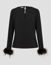 Tiggy Long Sleeve Feather Top, Black (BLACK), large