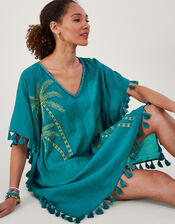 Palm Tree Embroidered Kaftan, Blue (TURQUOISE), large