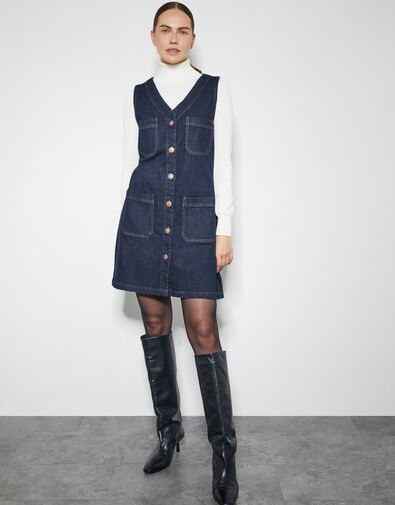 Pia Denim Pinafore Mini Dress, Blue (INDIGO), large