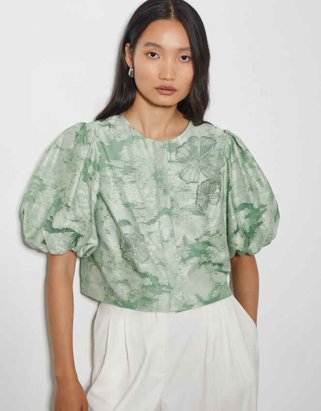 Josie Puff Sleeve Floral Jacquard Top, Green (SAGE), large