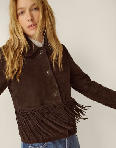 Maude Fringe Suede Jacket, Brown (CHOCOLATE), large