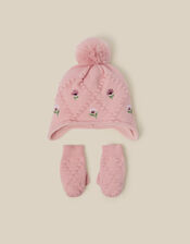 Baby Floral Trapper Hat & Mittens Set, Pink (PINK), large