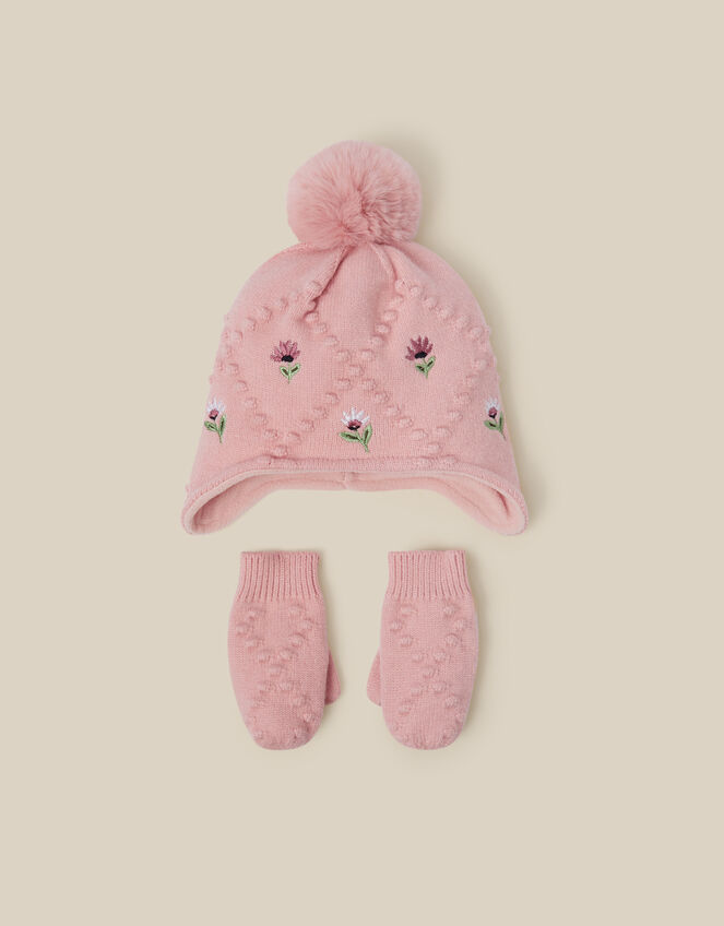 Baby Floral Trapper Hat & Mittens Set, Pink (PINK), large