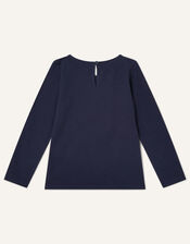 Unicorn Pom Pom Long Sleeve T-Shirt, Blue (NAVY), large