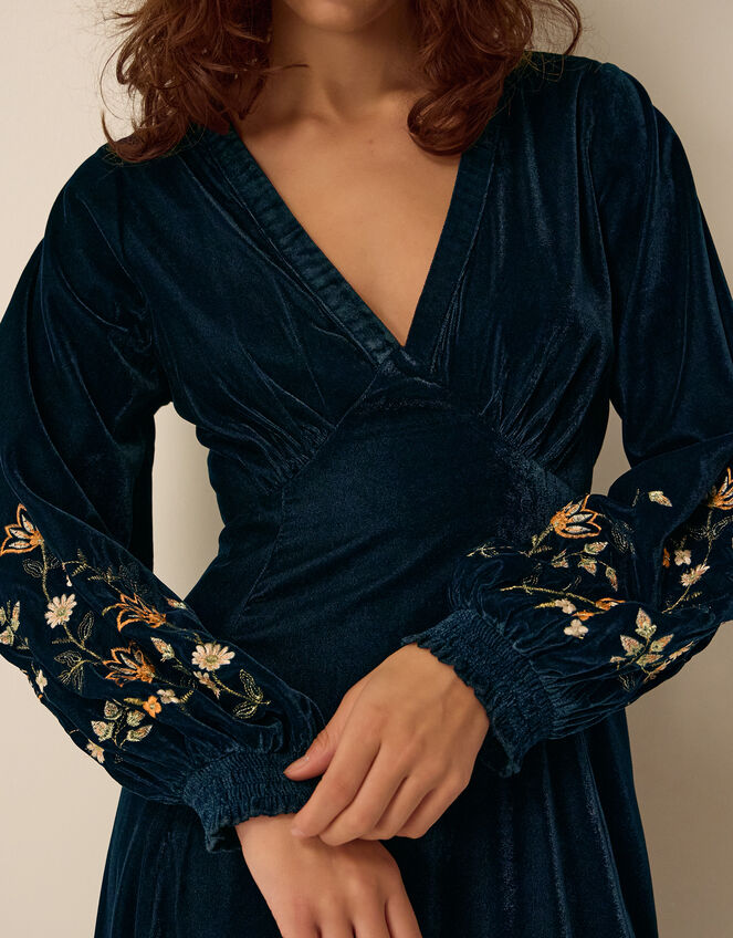 Clemence Constance V-Neck Floral Embroidered Velvet Midi Dress, Teal (TEAL), large