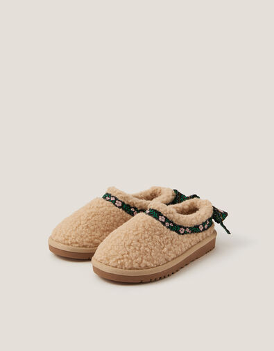 Floral Trim Faux Shearling Clogs, Tan (TAN), large