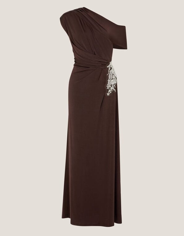 Trina Asymmetrical Embellished Jersey Maxi Dress, Brown (CHOCOLATE), large