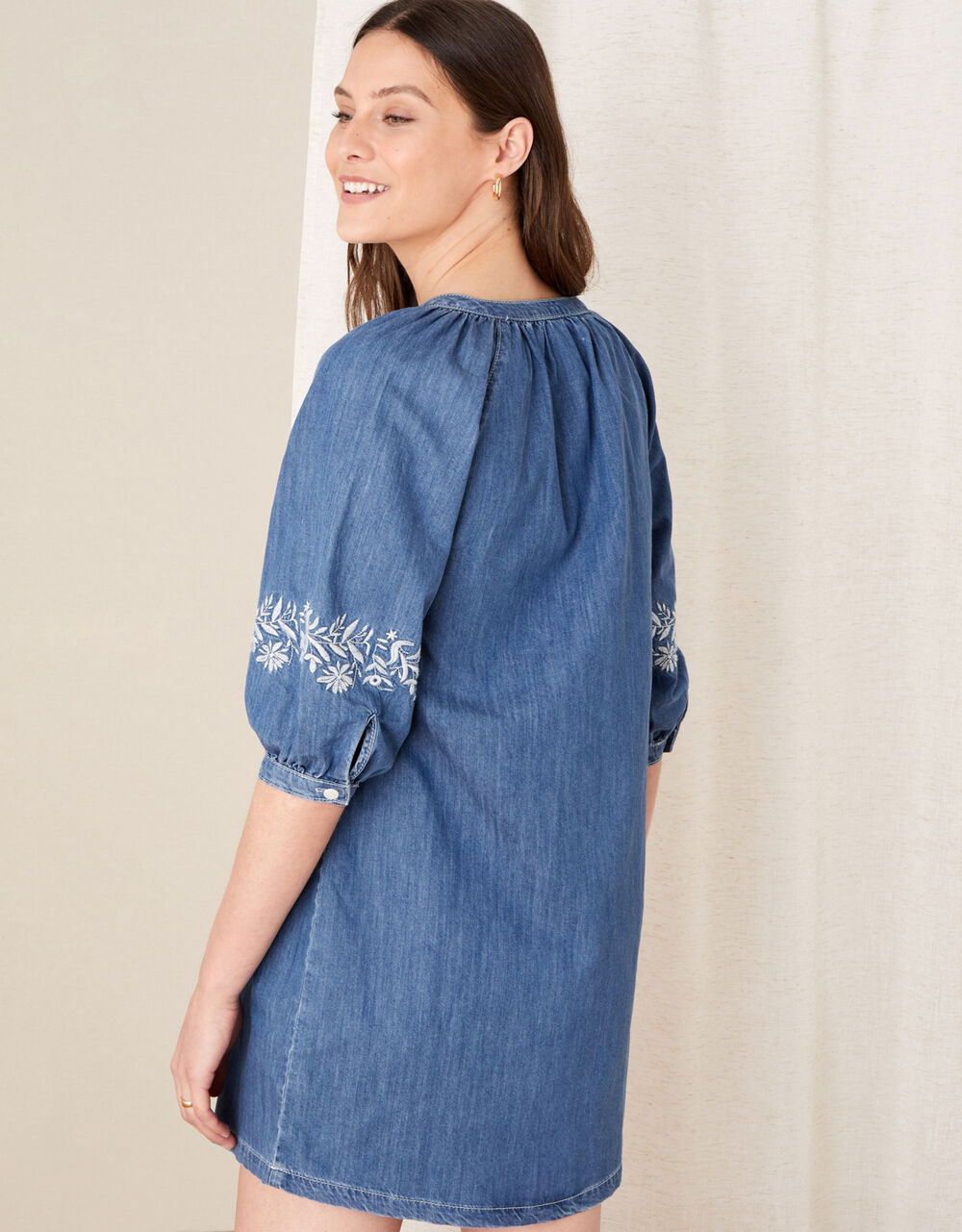 Floral Embroidered Denim Dress Blue