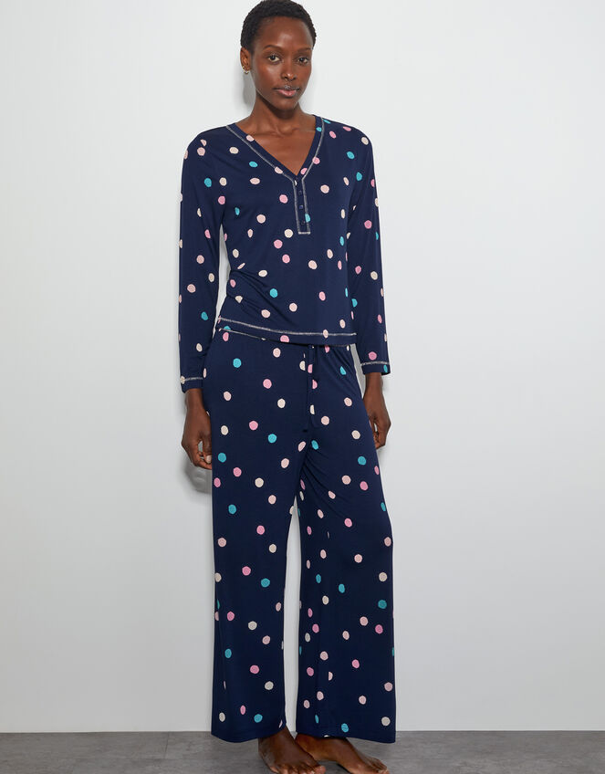 Sabrina Spot Long Pyjamas Set, Blue (NAVY), large
