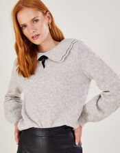 Double Collar Velvet Bow Jumper , Camel (OATMEAL), large