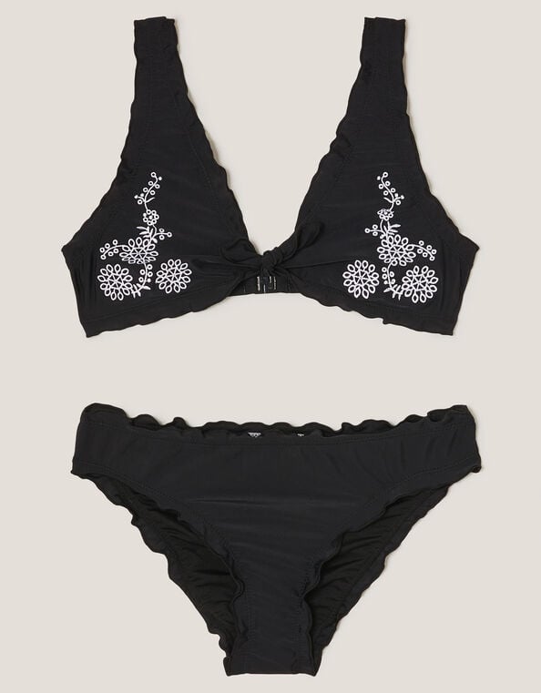Embroidered Frill Bikini Set, Black (BLACK), large