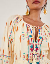 Aztec Print and Embroidered Short Dress, Ivory (IVORY), large
