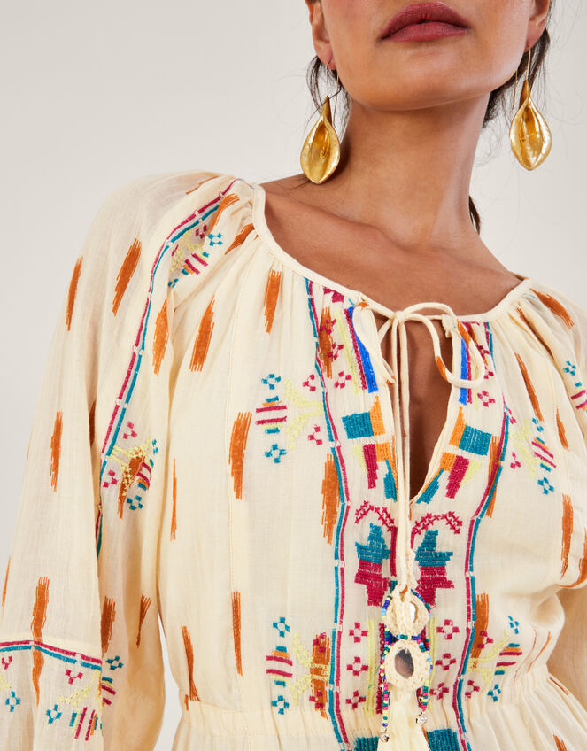 Aztec Print and Embroidered Short Dress, Ivory (IVORY), large