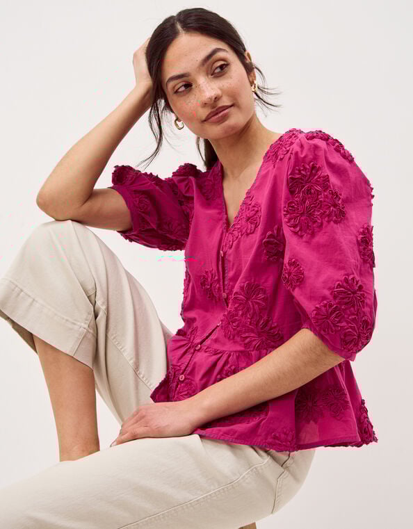 Tammy Puff Sleeve Embroidered Top, Pink (BRIGHT PINK), large