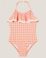Gingham Ruffle Swimsuit, Orange (ORANGE), large