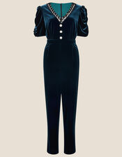Piper Velvet Lace Trim Jumpsuit , Teal (TEAL), large