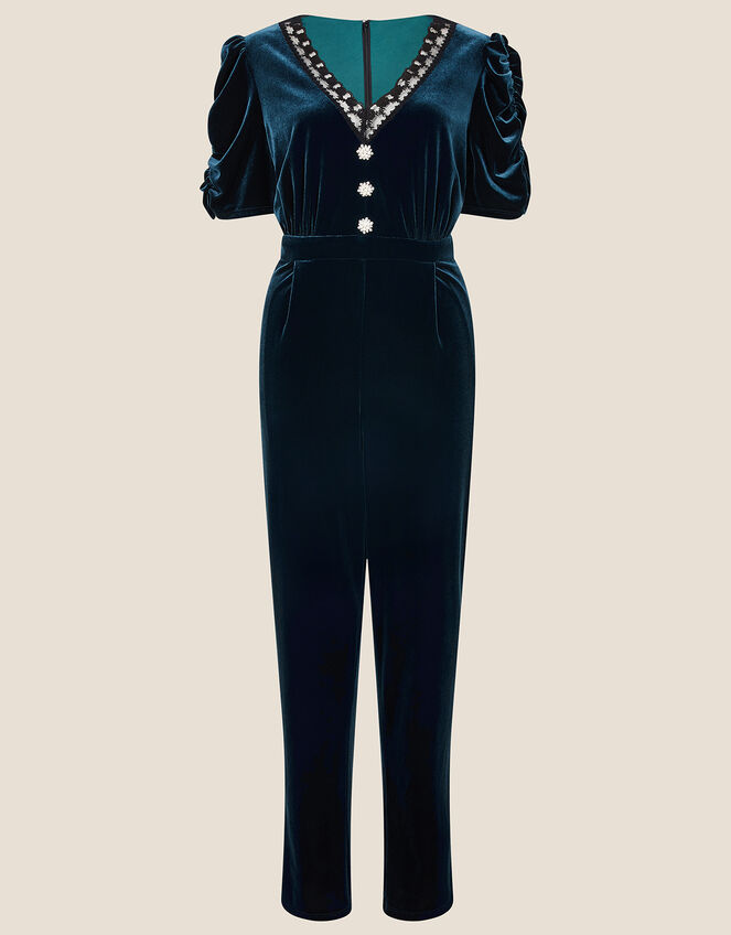 Piper Velvet Lace Trim Jumpsuit , Teal (TEAL), large