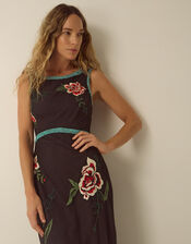 Luna Sleeveless Floral Embellished Mesh Midi Dress, Black (BLACK), large