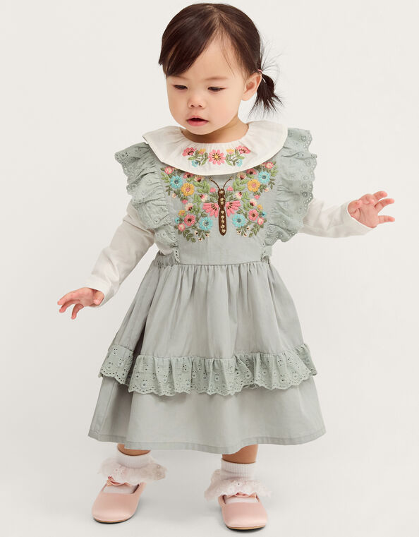 Baby Butterfly Embroidered Pinafore Dress & Top Set, Green (GREEN), large