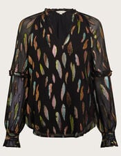Fenna Sheer Feather Print Shirt, Black (BLACK), large