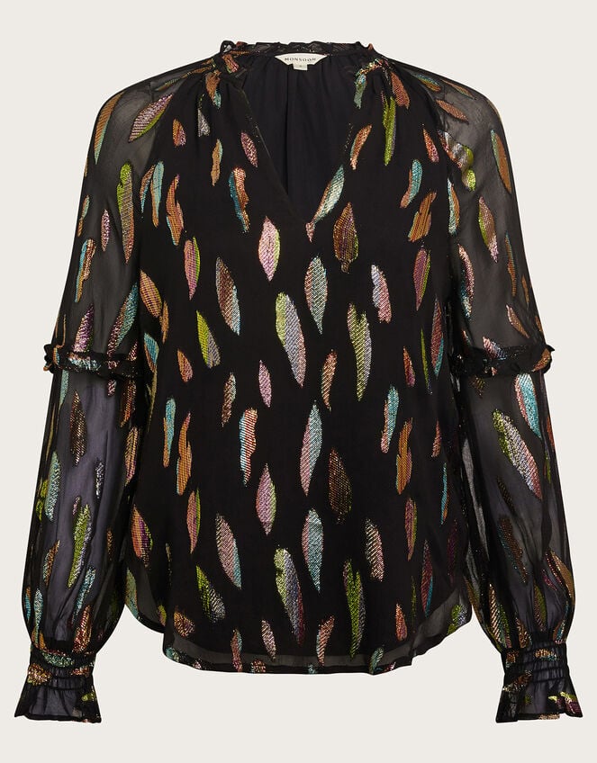 Fenna Sheer Feather Print Shirt, Black (BLACK), large