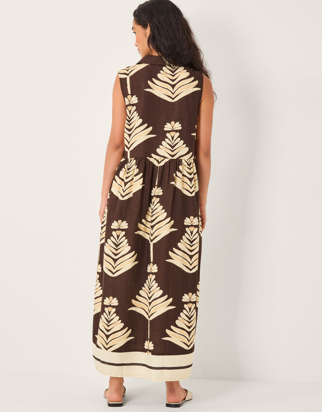 Pamela Linen Blend Leaf Print Midi Dress, Brown (CHOCOLATE), large