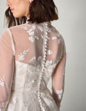 Lorelai Long Sleeve Floral Embellished Mesh Wedding Dress, Ivory (IVORY), large