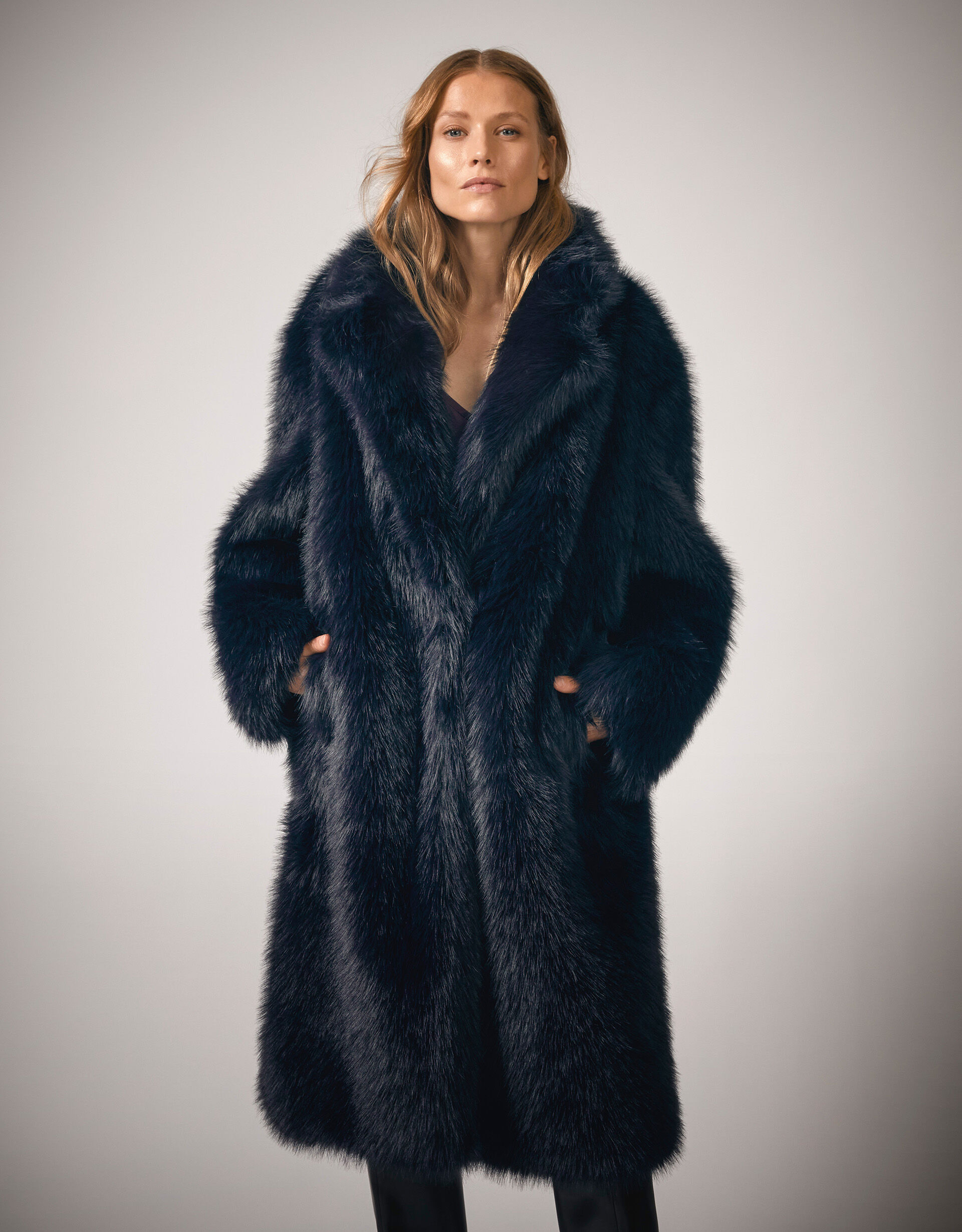 Midnight blue faux fur coat shop