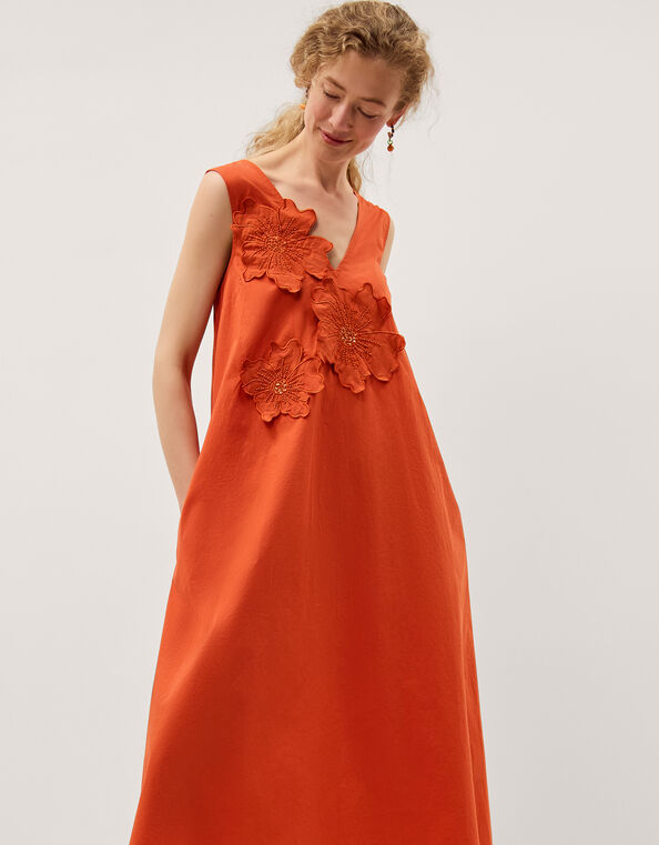 Rosalie Floral Appliqu&eacute; Cotton Midi Dress, Orange (ORANGE), large