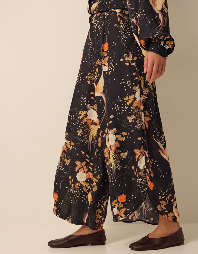 Clemence Seraphine Floral Print Satin Wide Leg Trousers, Black (BLACK), large