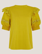 Fay Broderie Puff Sleeve Jersey Top, Yellow (YELLOW), large