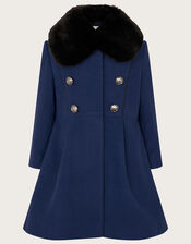 Faux Fur Trim Military Style Coat, Blue (BLUE), large