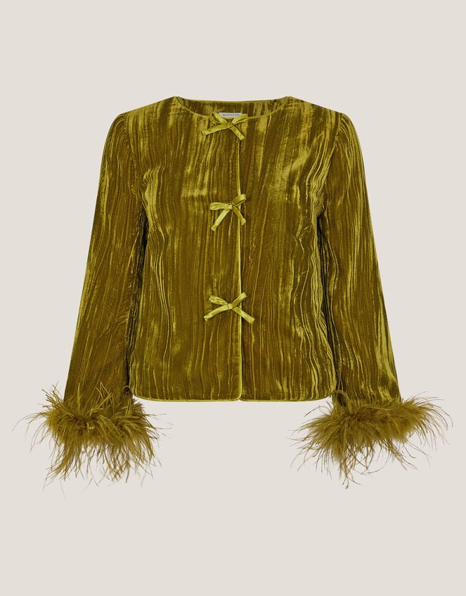 Olivia Feather Cuff Velvet Jacket, Green (OLIVE), large