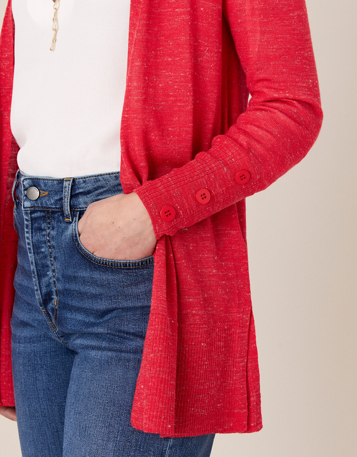 Button Cuff Cardigan in Linen Blend Red