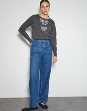 Di Sequin Bow Crew Neck Jumper, Grey (DARK GREY), large