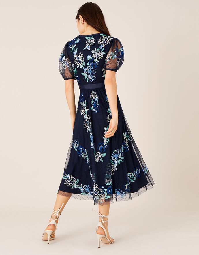 Oma Embroidered Midi Dress Blue | Evening Dresses | Monsoon UK.