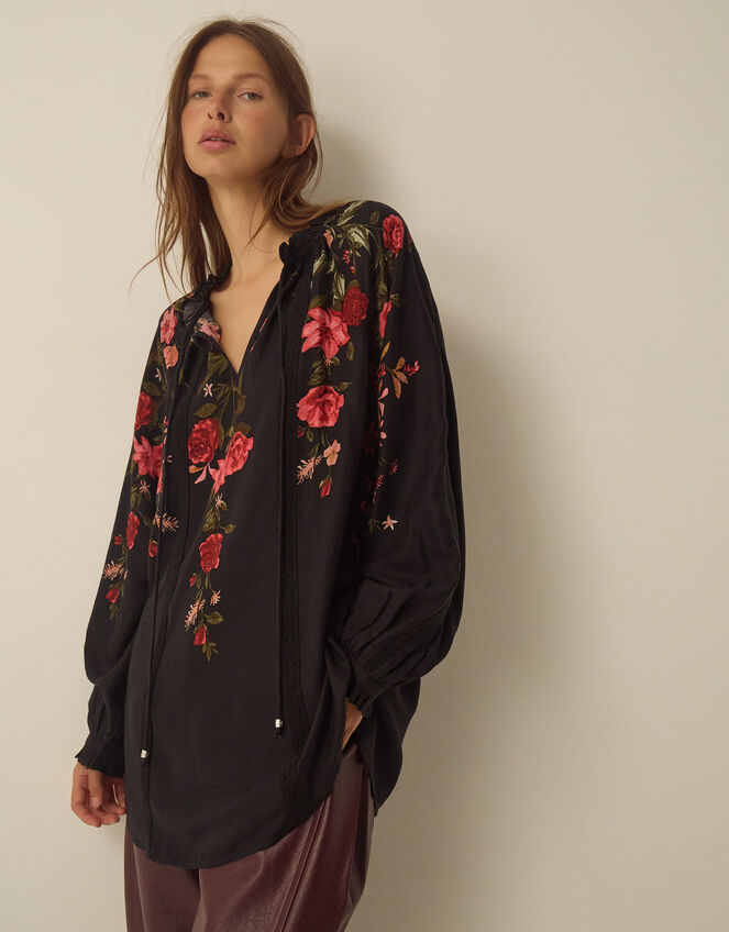 Camille V-Neck Floral Print Blouse, Black (BLACK), large