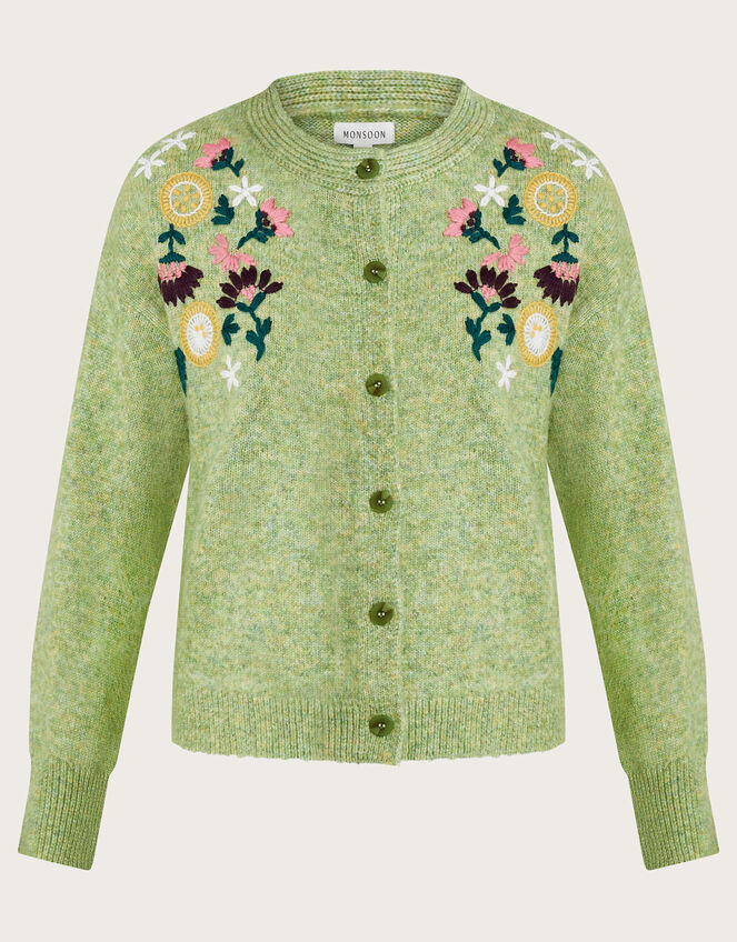 Fay Floral Embroidered Cardigan, Green (GREEN), large