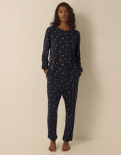 Betsy Foil Bow Jersey Long Pyjamas Set, Blue (NAVY), large