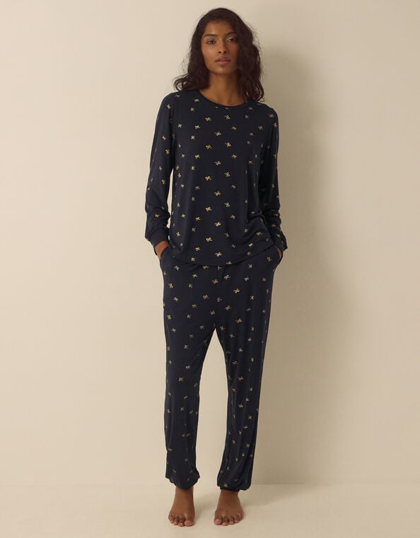 Betsy Foil Bow Jersey Long Pyjamas Set, Blue (NAVY), large