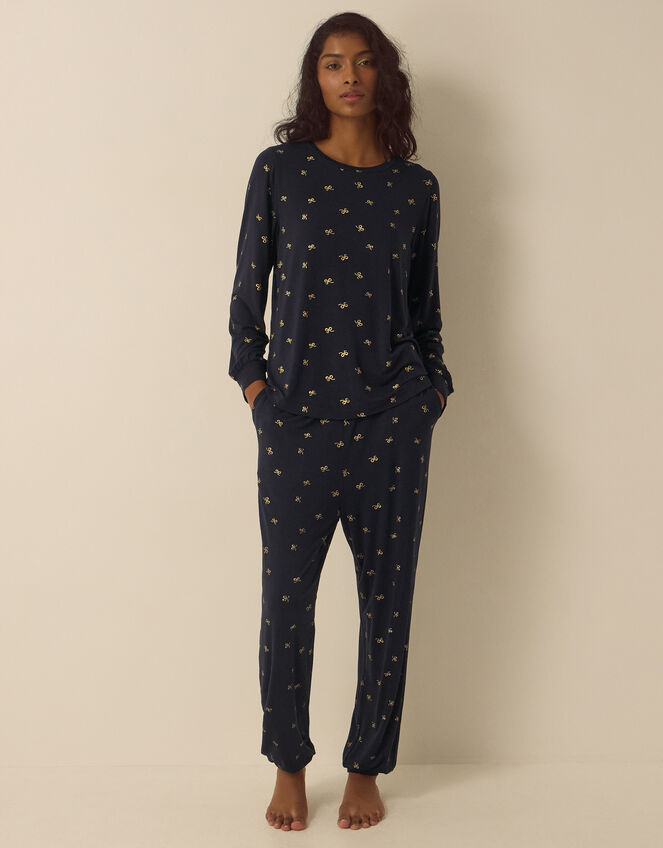 Betsy Foil Bow Jersey Long Pyjamas Set, Blue (NAVY), large