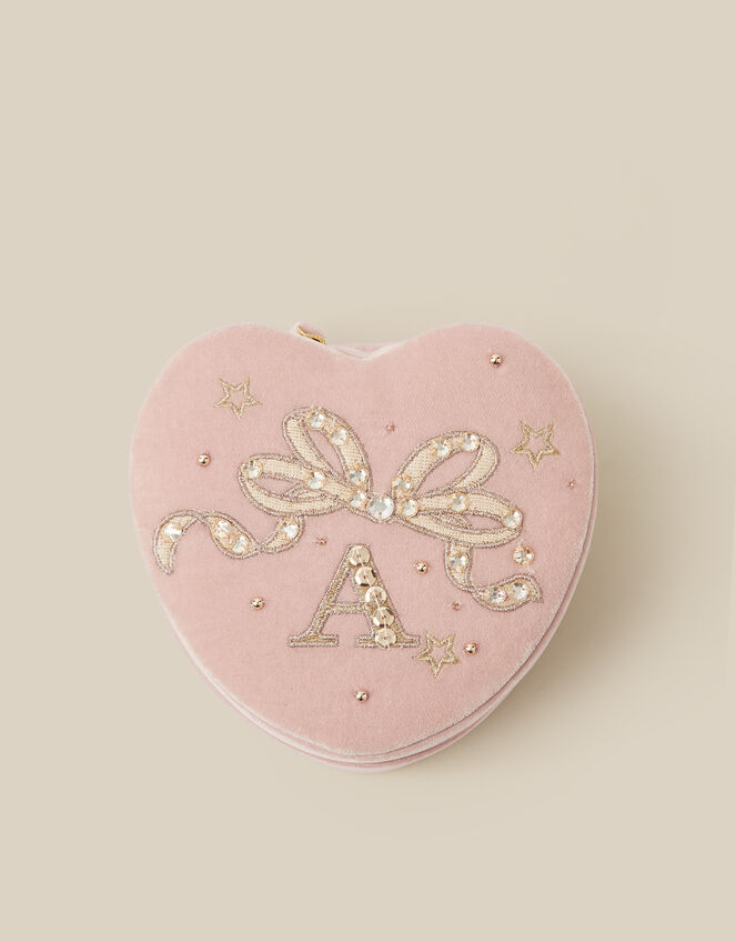 Embellished Heart Velvet Initial Jewellery Box, Pink (PINK), large