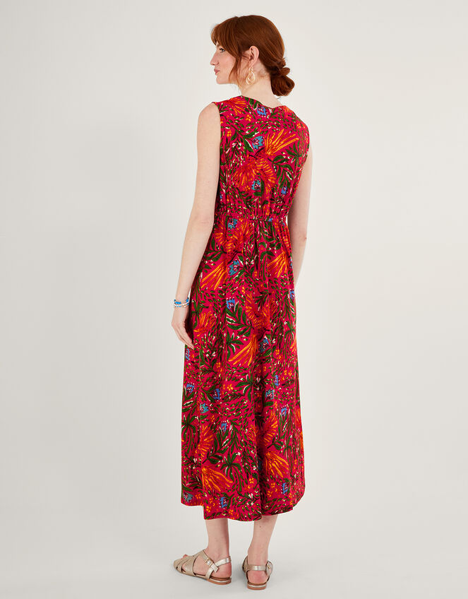 Leaf Print Crochet Trim Dress in Linen Blend, Red (RED), large