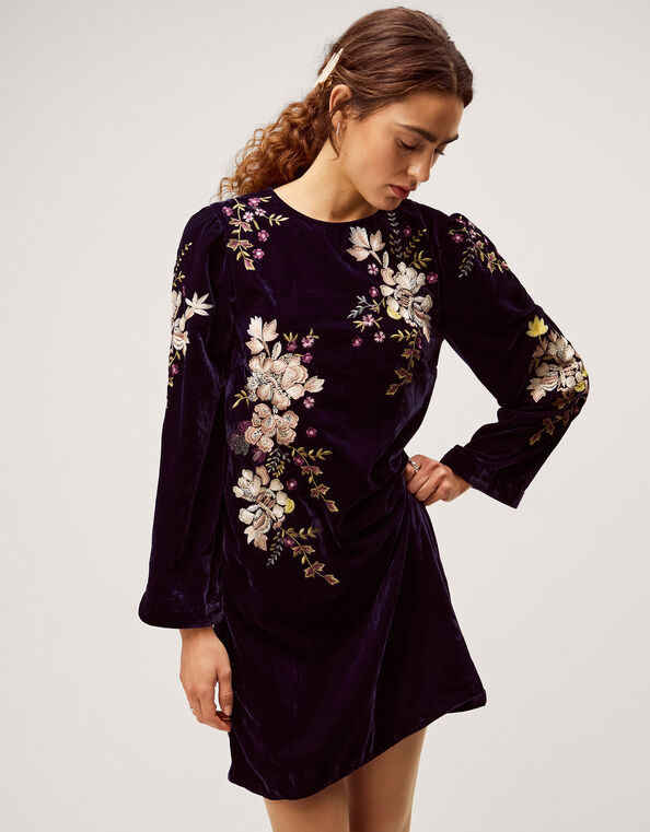 Fallon Floral Embroidered Velvet Mini Dress, Blue (NAVY), large