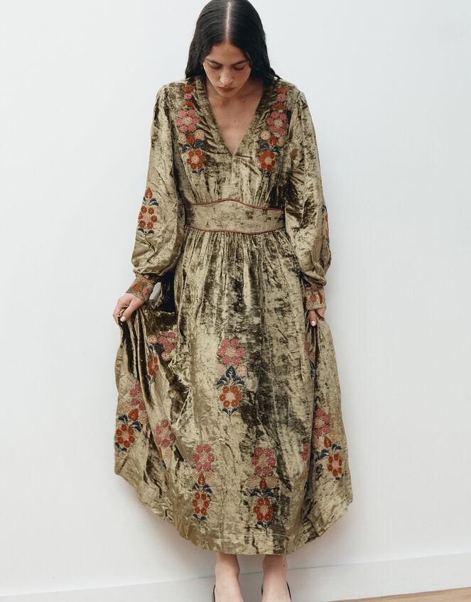 East Sophia Floral Embroidered Velvet Midi Dress, Green (GREEN), large