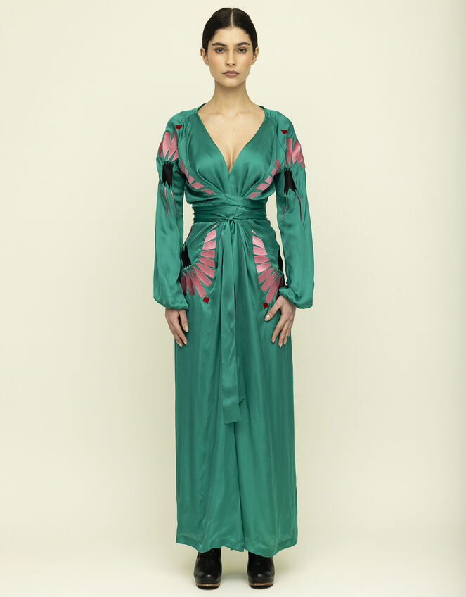 Tallulah & Hope Aziza Long Embroidered Wrap Dress, Green (GREEN), large