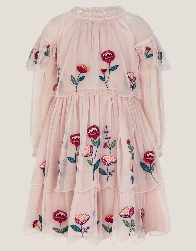 Floral Embroidered Scallop Tiered Dress, Cream (CREAM), large